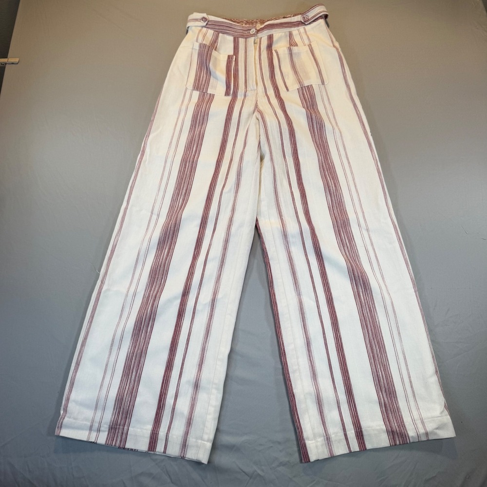 Womens Small Striped Wide Leg Cotton Pants Red White High Rise Minimalist Classy
